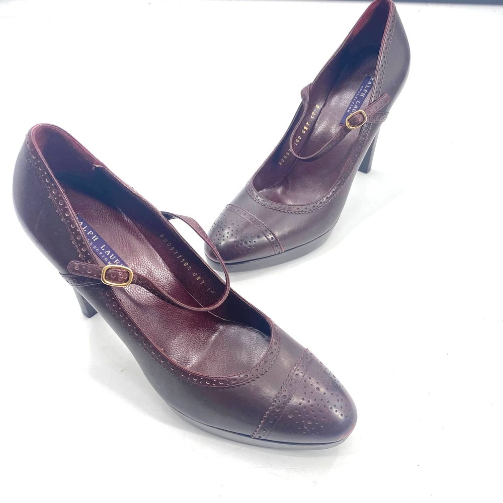 Ralph Lauren Purple Label Perforated Cap Toe Burgundy Leather High Heel Pumps 10